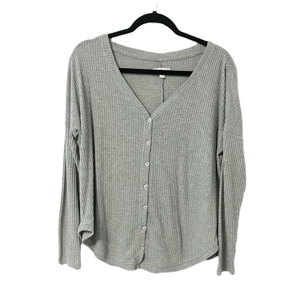 🟢Colsie Gray V Neck Thermal Button Oversized Front Long Sleeve Shirt Size S